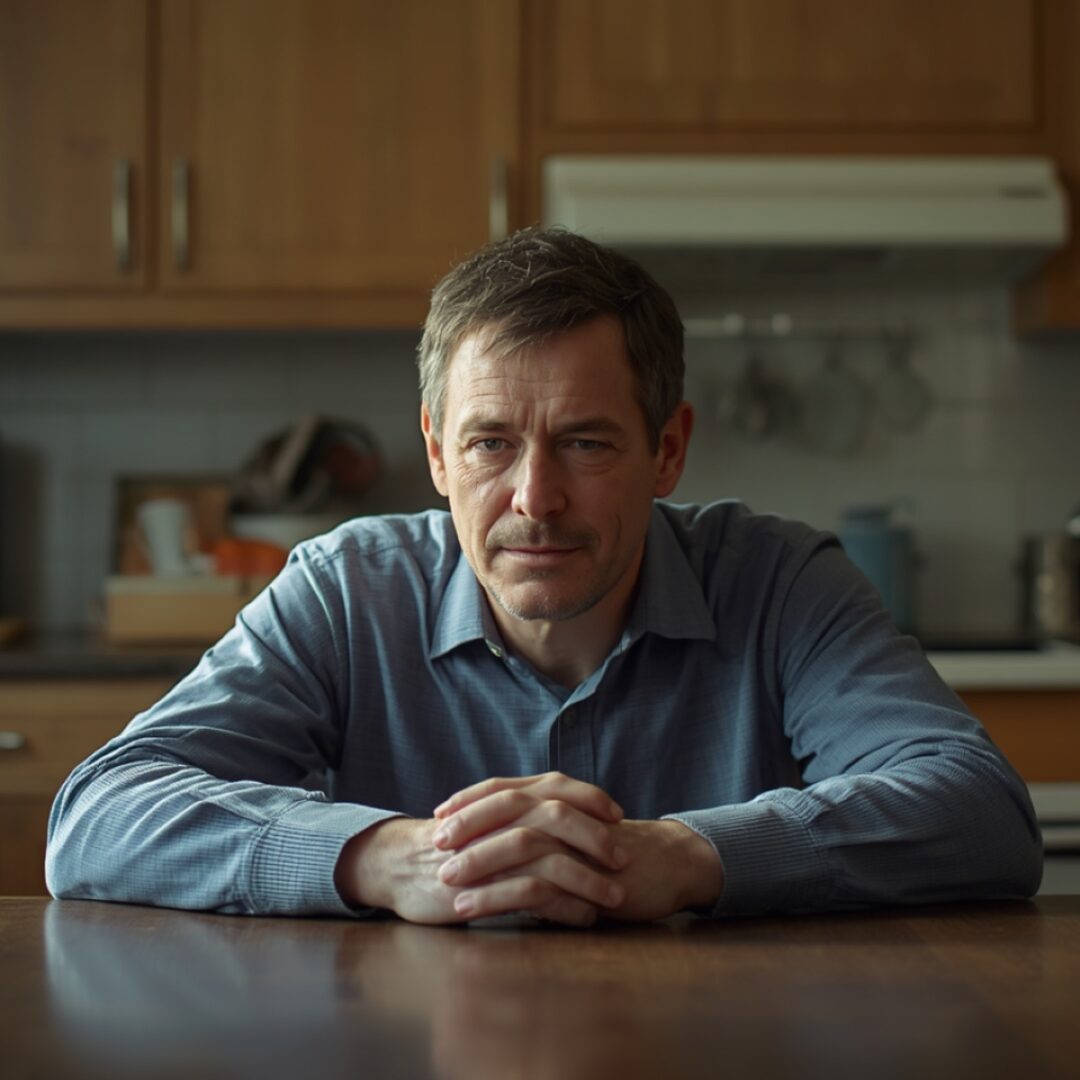 Signs of Depression in Men – Therapy Utah Middle-aged man looking tired and withdrawn at a kitchen table — recognizing signs of depression in men, Therapy Utah