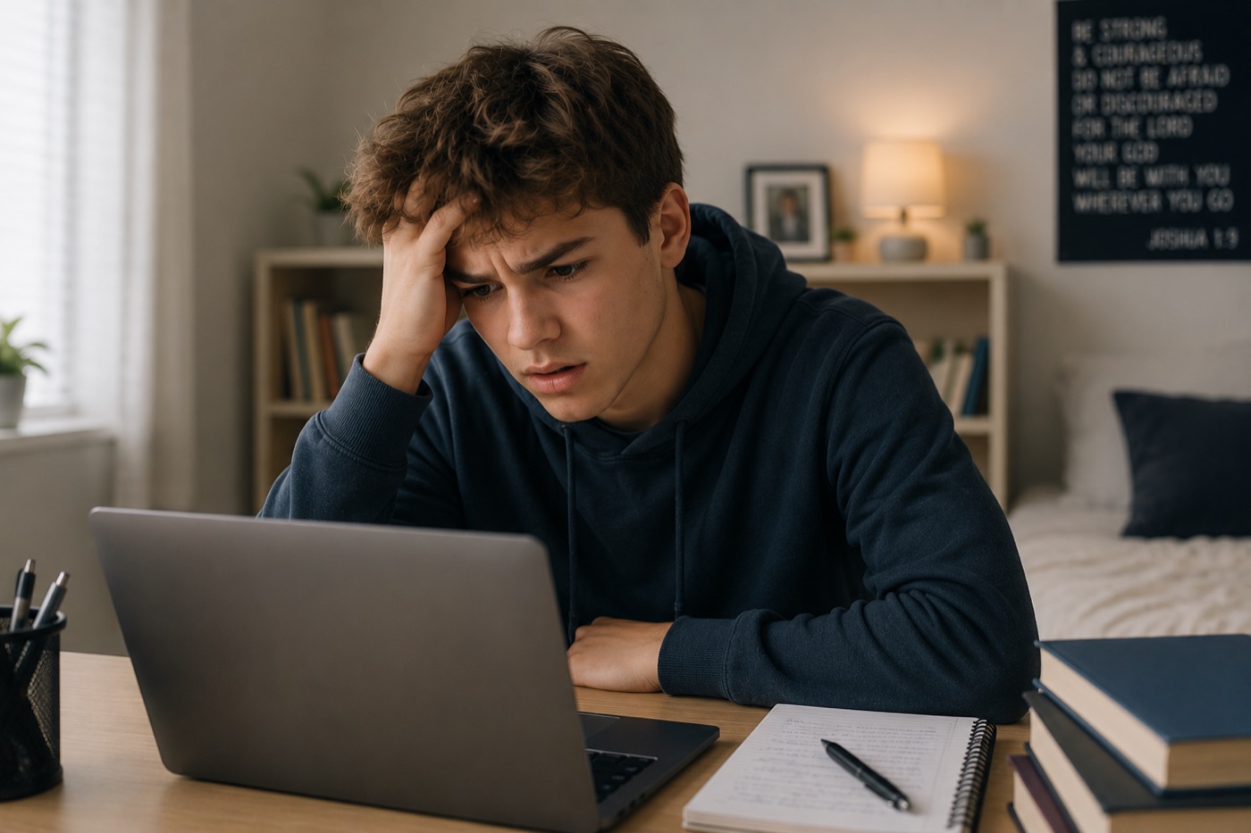 A teenager at a desk looking stressed — teen therapy at Therapy Utah in Lehi, Utah