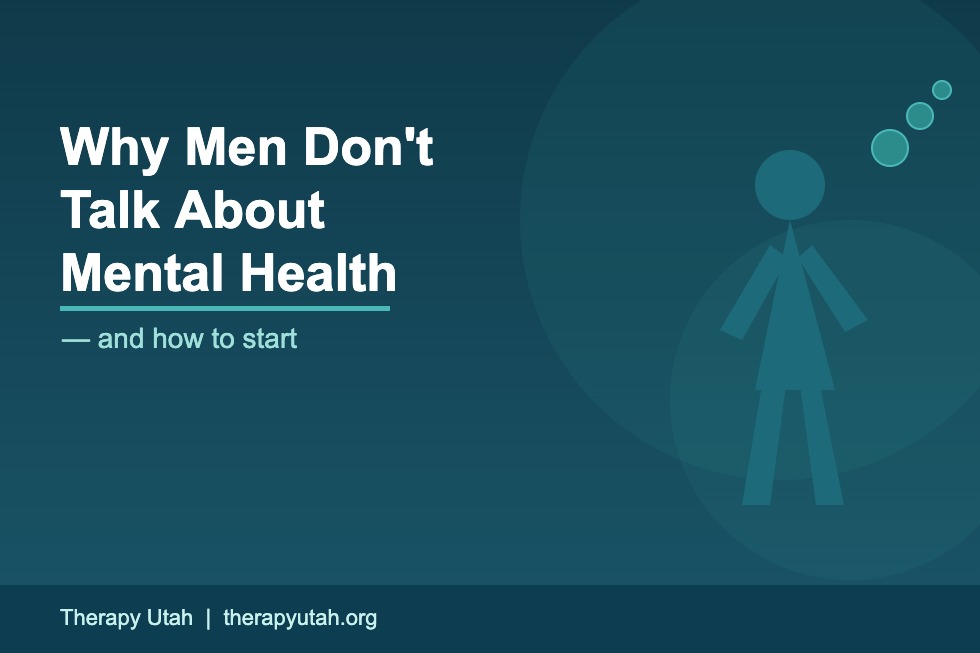 Man sitting alone reflecting on mental health with thought bubbles — men's mental health awareness, Therapy Utah