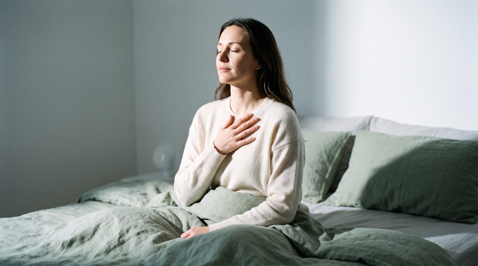 How betrayal trauma shows up in the body A woman sitting on the edge of a bed with a hand on her chest, taking a slow breath