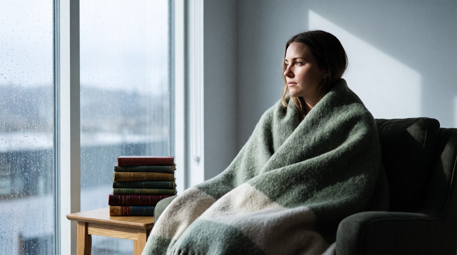 How long betrayal trauma recovery takes A woman wrapped in a blanket looking out a window, reflecting during a long betrayal trauma recovery