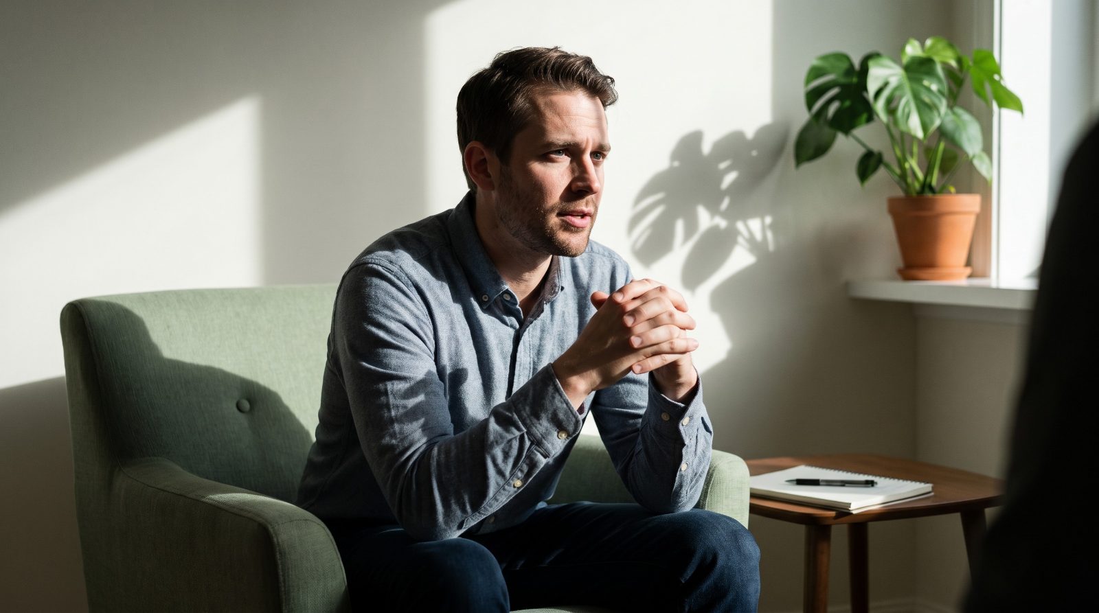 CBT for compulsive pornography use A man leaning forward in an armchair during a CBT therapy session in a quiet office