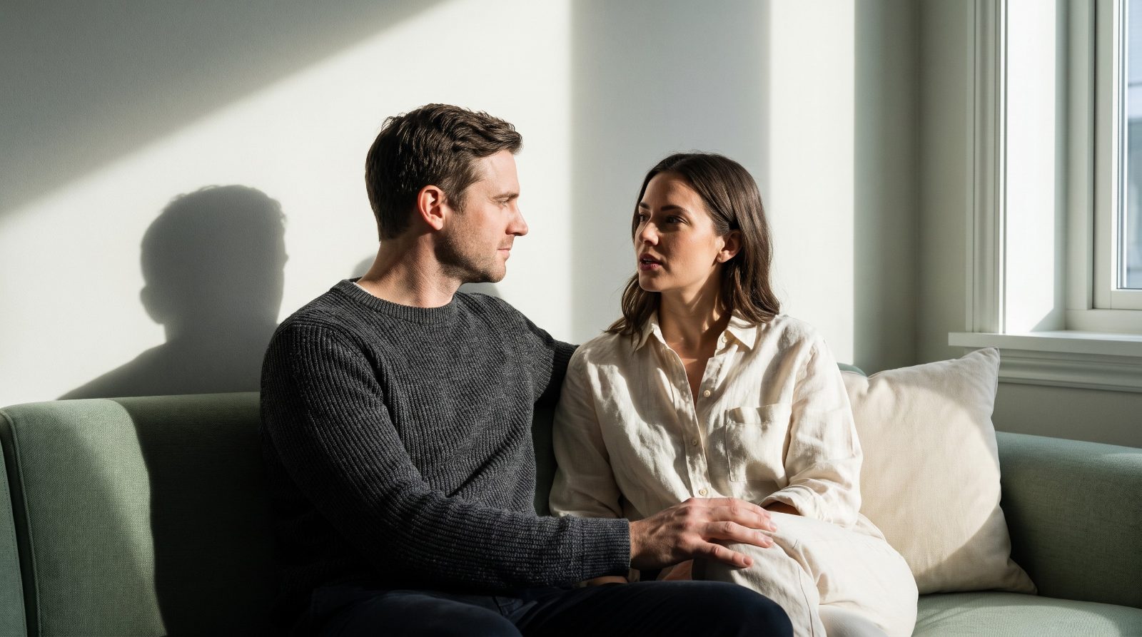 Five-minute Gottman check-in for couples A couple sitting together on a sofa in the evening, one listening while the other talks, during a five-minute daily check-in