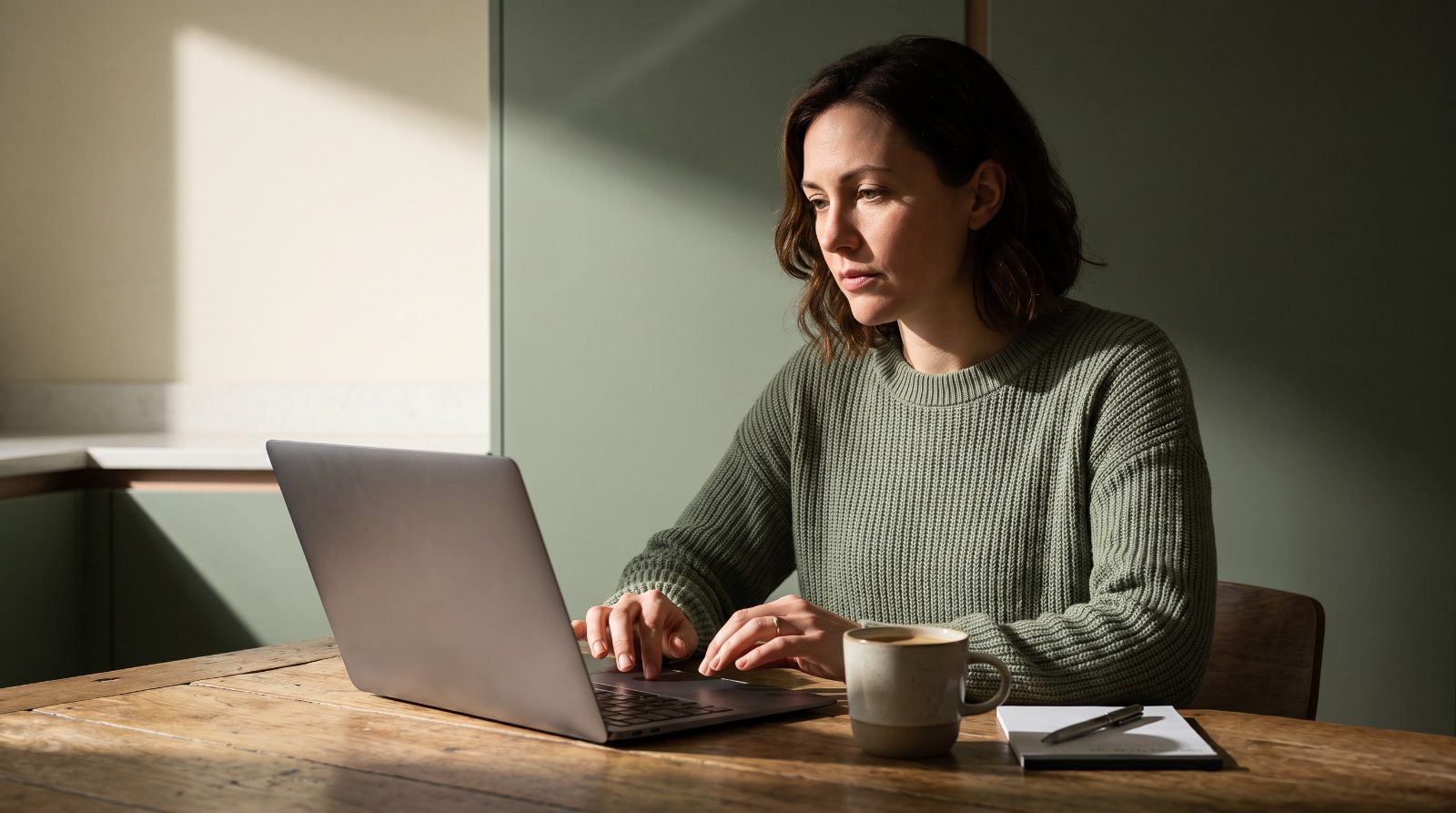 Choosing the right therapist in Utah A woman at a kitchen table with a laptop and notepad, researching how to choose a therapist in Utah