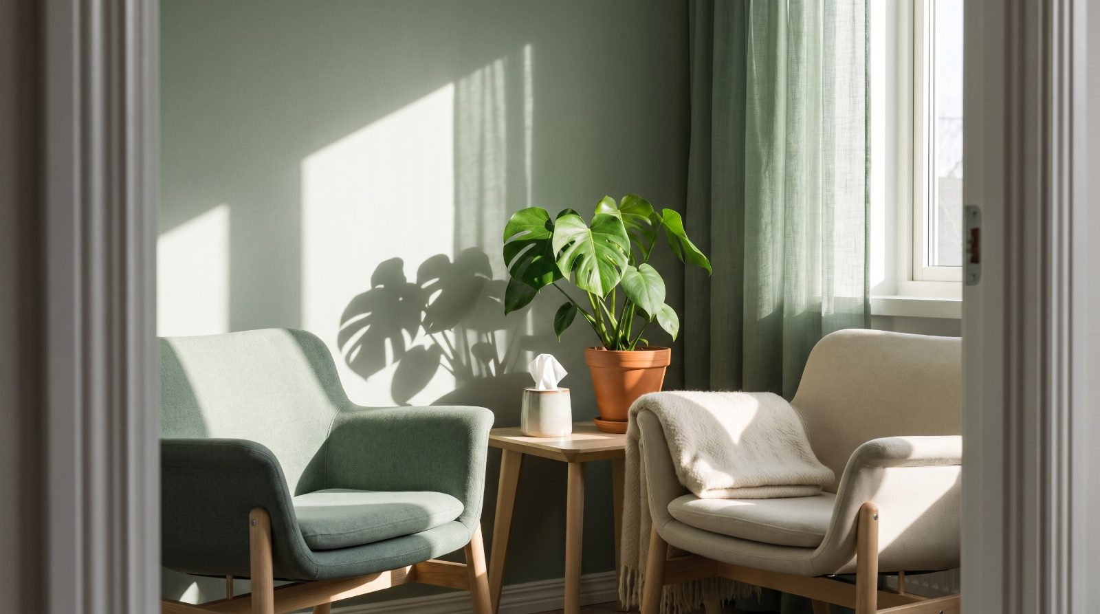 A welcoming therapy office with two chairs angled toward each other and a tissue box on a side table